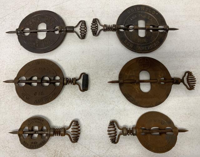 lot of 6 Griswold Reversible Steel Spindles: 6",2-51/2",5",4',3",some rusty,one wooden handle on 5"