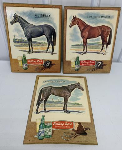 lot of 3 Rolling Rock Beer Advrtising Standups: Kentucky Derby Winners,Decidedly 1962,Northern Dancer,64,Proud Clarion 67,corners bent,tears