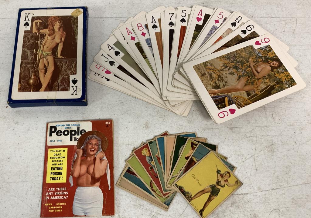 3 People Today, Pin Up Cards, Nude deck cards: all show wear, deck of cards may or may not be complete