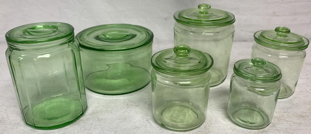 6 Pcs of Green Depression Glass Canister Set (1 of 4)