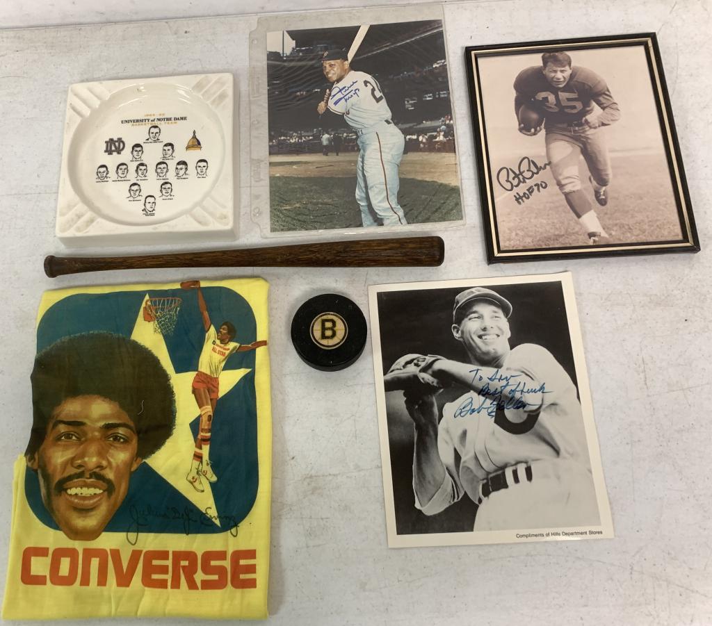 7 Willie Mays, Bob Feller signed pictures, others: Willie Mays, Bob Feller and Pete Pihos are signed but there are no COA's, Dr. J Converse T-Shirt, old Boston Bruins puck with a raised Bruins logo and Converse logo on back side , minature Louisville