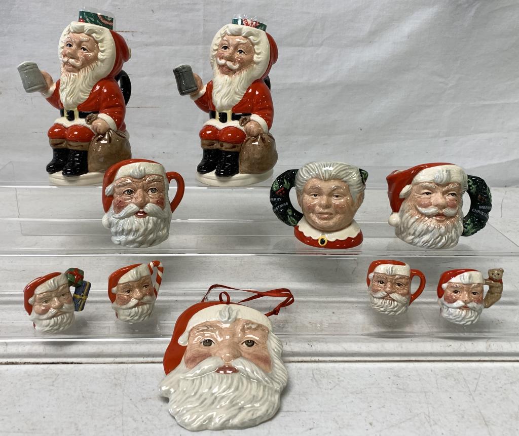 10 Royal Doulton Santa Claus Mugs & Ornament: ornament is signed on back, mugs are different sizes