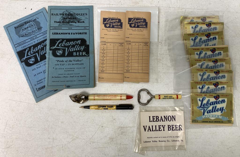 10+ Lebanon Valley Beer Advertising: beer labels, bottle openers, score cards, 1938-1939 Railway Empoyees Time Recording Books, other Lebanon PA items