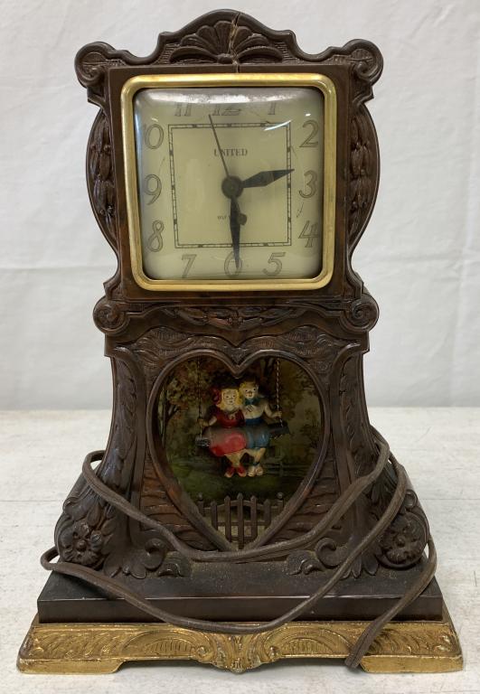 United Model 780 Clock Kids on Swing: works when you plug it in, crack on top above clock face, base is metal feeling, rest of clock feels plastic