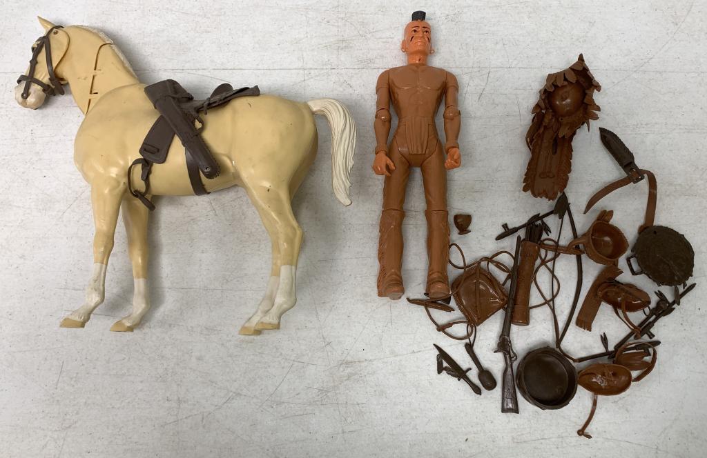 Marx Fighting Eagle Action Figure, Horse, Outfits: Fighting Eagle has hinged elbows and knees and is totally plastic, horse is hard plastic and neck is hinged, outfits feel like hard plastic & rubber