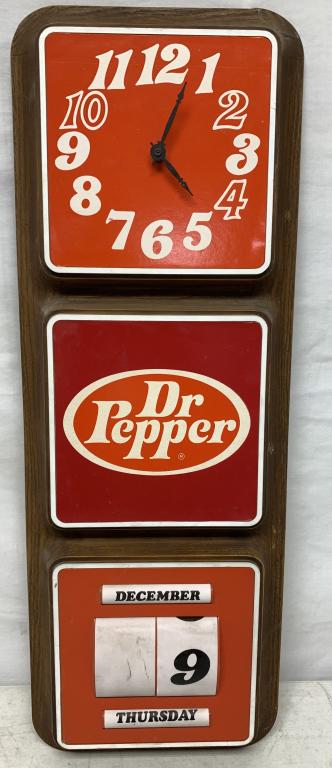 Dr. Pepper Hanging Plastic Clock/Calendar: untested, cracked at both top corners, some rub marks on decals