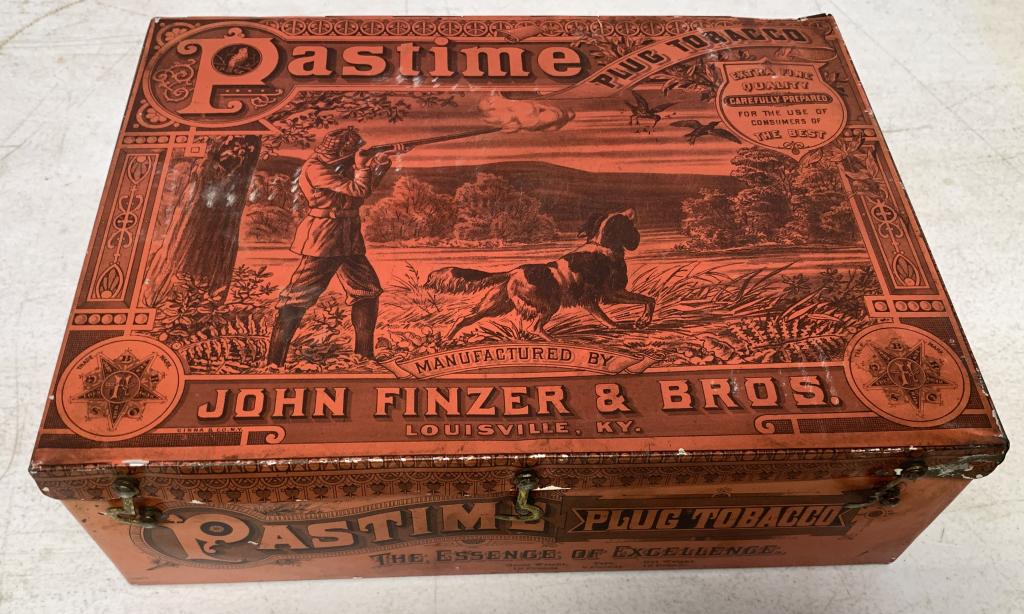 Pastime Plug Tobacco Tin Box: nice picture on inside of top lid, box has some dents, red color faded and worn especially on left hand side, rub marks on lid, John Finzer & Bros Louisville KY