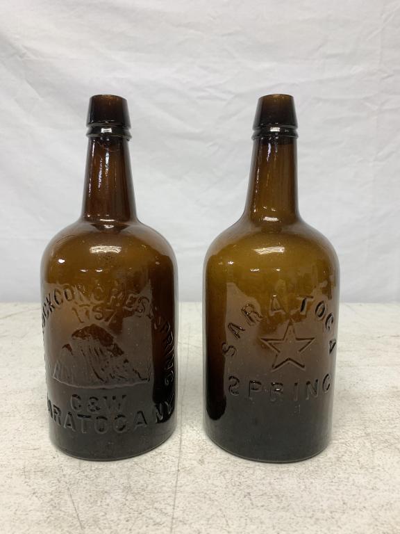 lot of 2 Brown Bottles Saratoga Springs, other: Highrock Congress Spring, letter "S" in Springs is stamped backwards, bottles have some weight
