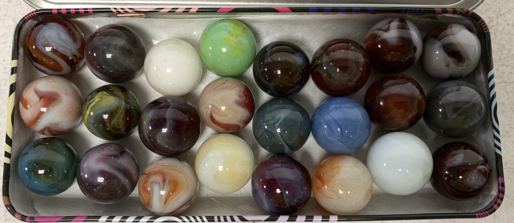 20+ Box of Marbles: all look to be 1" diameter