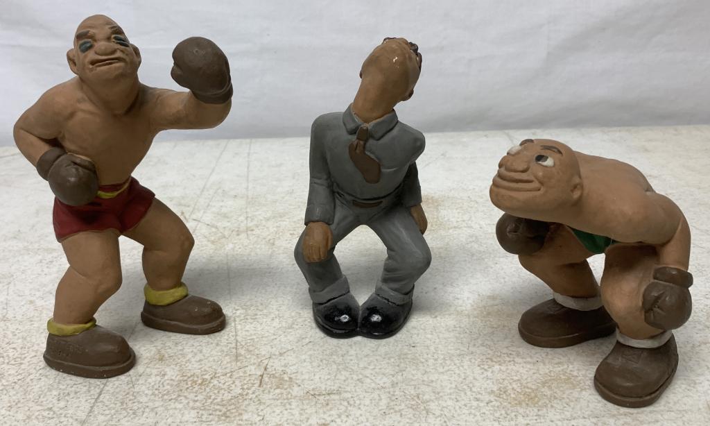lot of 3 Suttle & Rittgers Chalkware Boxing Trio: good shape for its age, some color fading due to time, referee has a paint chip on chin, one boxer has paint chip on tip of shoe