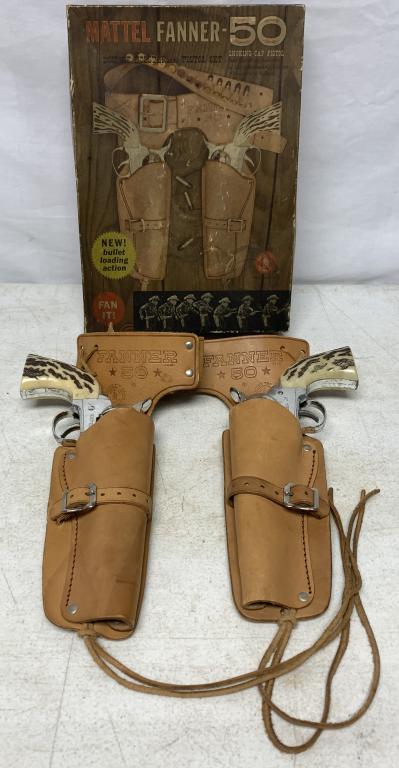 Mattel Fanner 50 Double Holster & Cap Pistol Set: w/ box, box has wear and age, guns look like they were played with