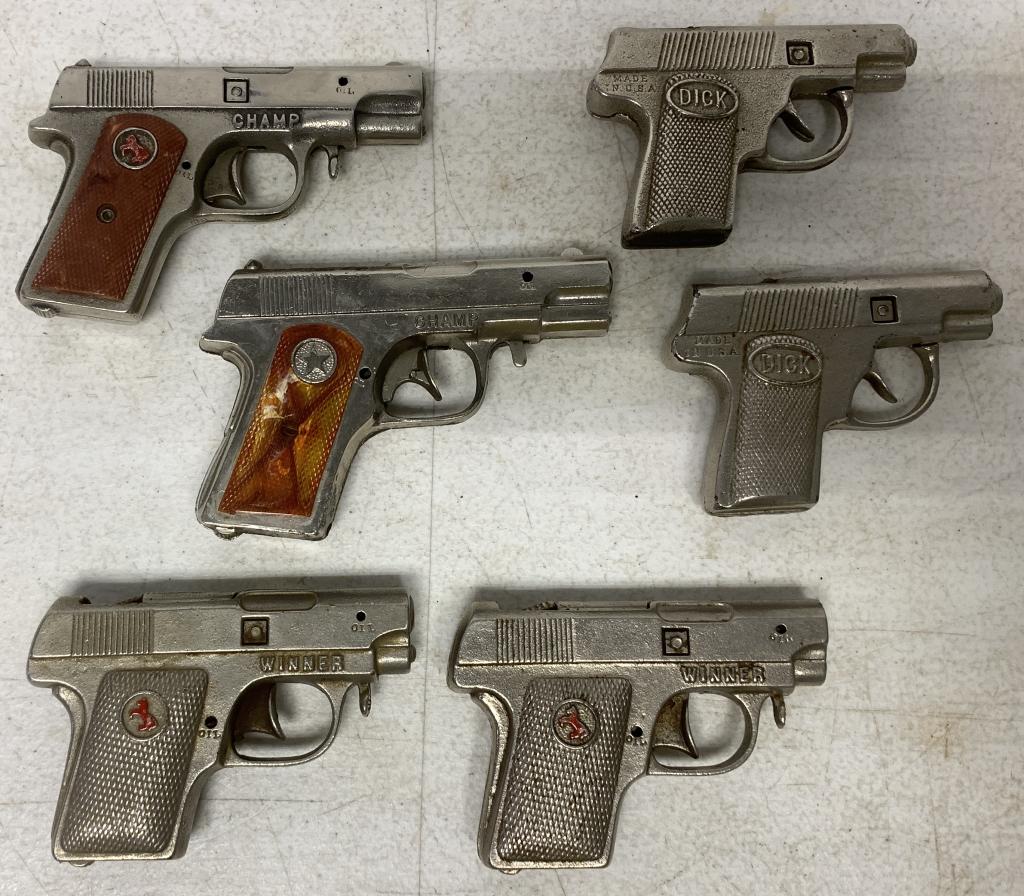 lot of 6 Cap Guns Champ, Dick, Winter: all look like they were used at one time