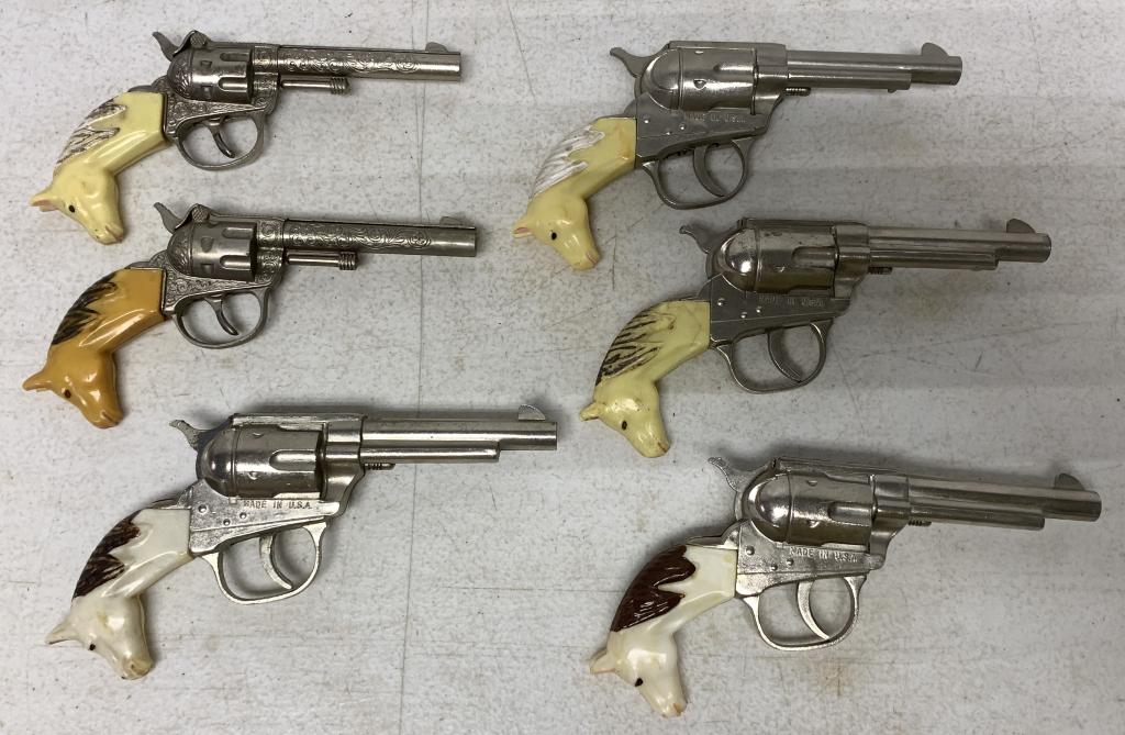 lot of 6 Hubley Cap Guns: with plastic horse head pistol grips, possibly been used at one time