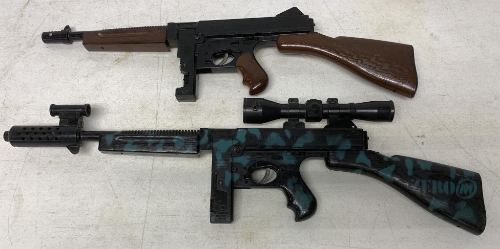 lot of 2 Mattel Tommy-Burst Toy Cap Guns: both are plastic, brown one missing the cover where caps are installed
