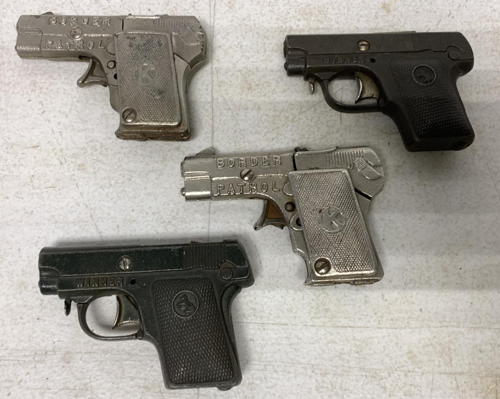 lot of 4 Border Patrol & Winner Toy Cap Guns: all are metal and have wear