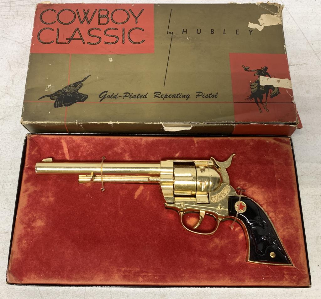Hubley Cowboy Classics Toy Gun & Original Box: box has lots of damage, gun looks like it may have never been out of the box