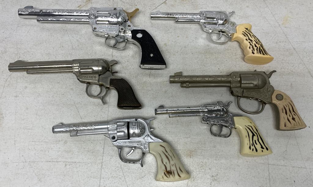 (6)Patrol, Bat Masterson, Mustang Toy Guns: also Restless Gun which is damaged and missing the trigger, some unmarked, all with wear, all are cast metal with plastic grips