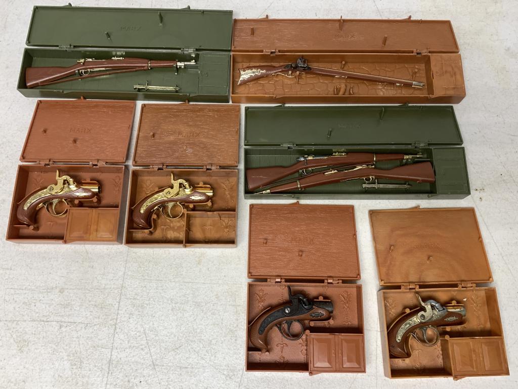 (7) Marx Springfield, Derringer Toy Guns: with plastic cases