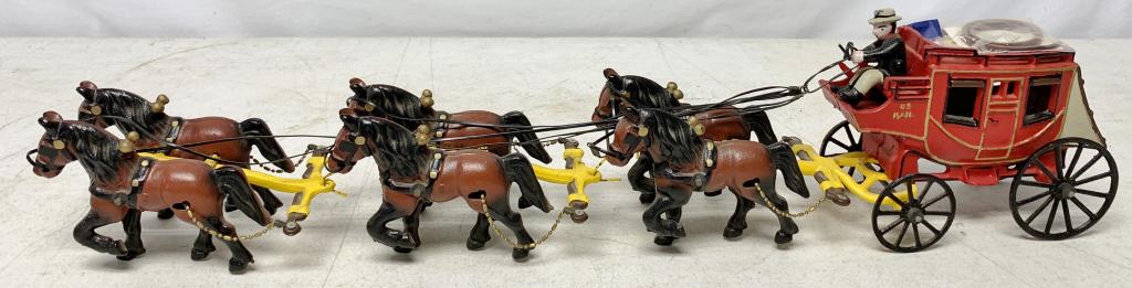 Cast Iron US Mail Stage Coach w/ 6 Horses: good shape, possibly reproduction