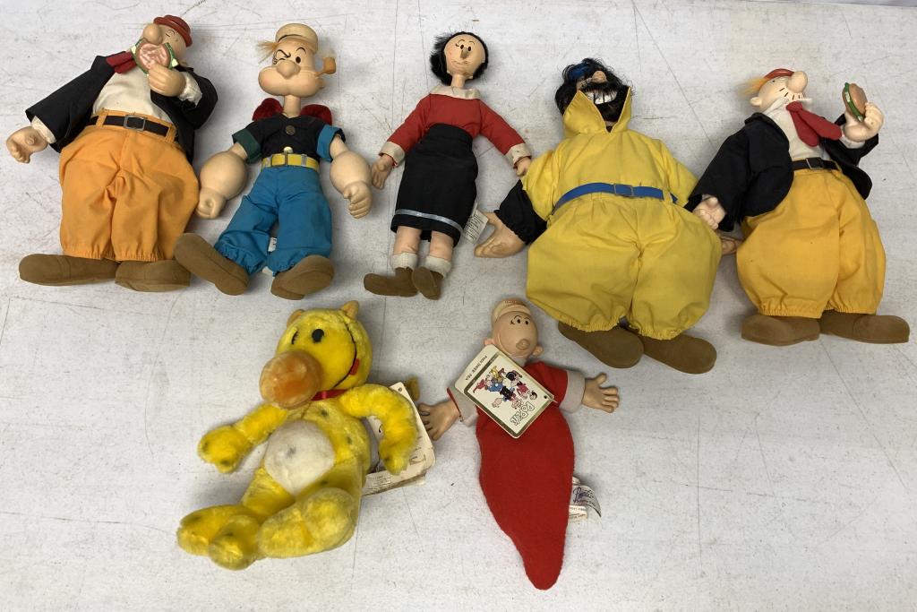 lot of 7 Popeye & other Plush Toys: Sweet Pea, Bluto, Wimpy, Olive Oyl are plastic and plush, Eugene the jeep is plush, all have some wear and some discoloring