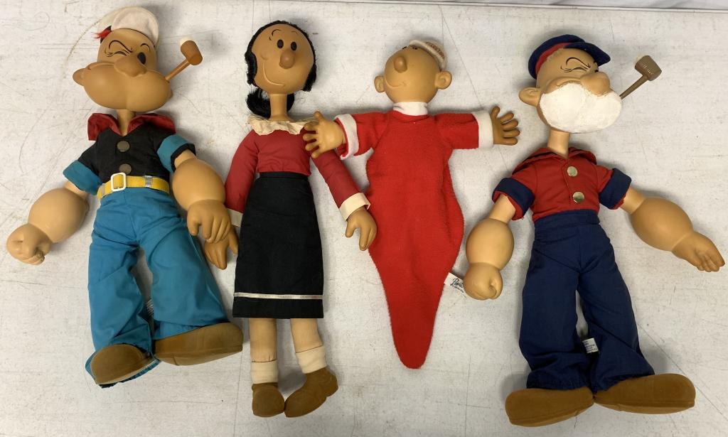 (4) Poopdeck Pappy, Popeye, Olive Oyl Plush: also Sweet Pea, all are tagged Presents div of Hamilton Gifts, head, hands, & feet are rubber, rest is plush, all in pretty good shape with some aging of the rubber