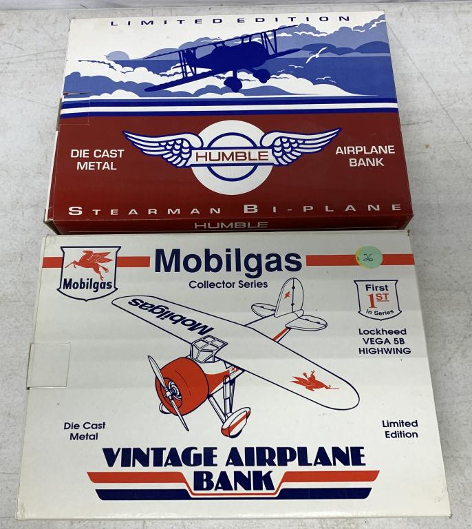 (2) Mobilgas & Humble Die Cast Airplane Banks: new in box
