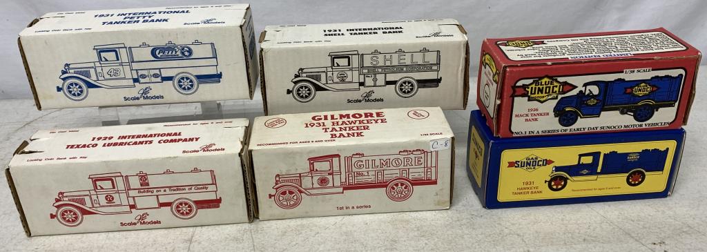 (6) Ertl , Scale Models Texaco, Sunoco Banks: new in boxes, Gilmore 1931 Hawkeye tanker bank, Texaco 1929, Petty Enterprises 1931 Tanker bank, Shell 1931 International tanker bank, Sunoco 1926 Mack Tanker Bank & Sunoco 1931 Hawkeye tanker bank