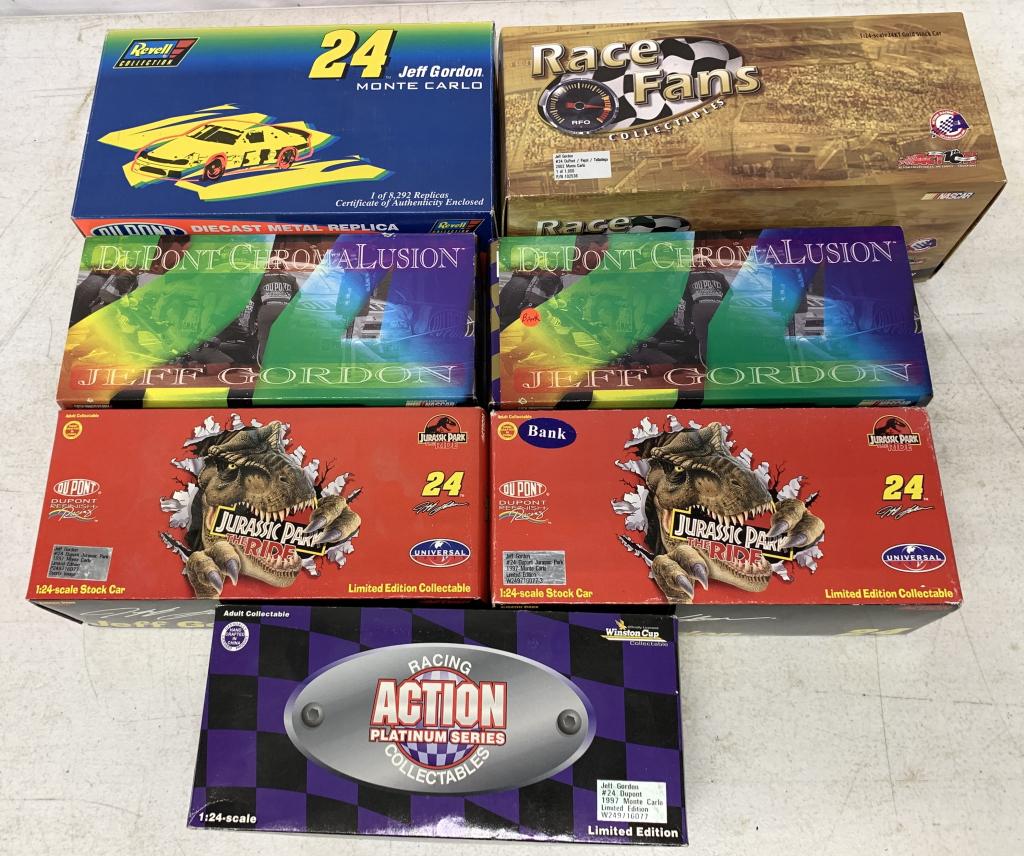 lot of 7 Die Cast Replicas Jeff Gordon: all new in boxes, Jurassic Park, Pepsi/Talladega, Chromalusion, Super Speedway Model, 1997 Monte Carlo,