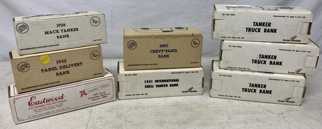 lot of 8 Ertl Truck,Tanker Banks/with boxes: 32 Panel Delivery,37 Ford Special 1990,26 Mack Tanker,50 Chevy Panel