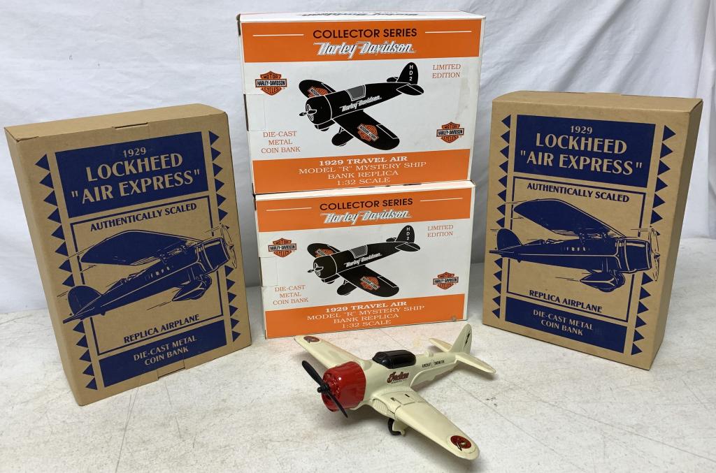 lot of 5 Harley Davidson 1929 Airplane Banks/Box: Indian Airplane,Lockheed Air Express,Model R