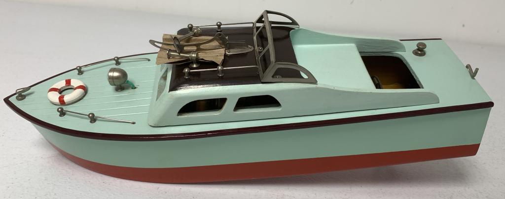 Battery Operated Wooden Boat: untested, couple of small paint chips at stern, all other paint in good shape, stamped Japan on rudder