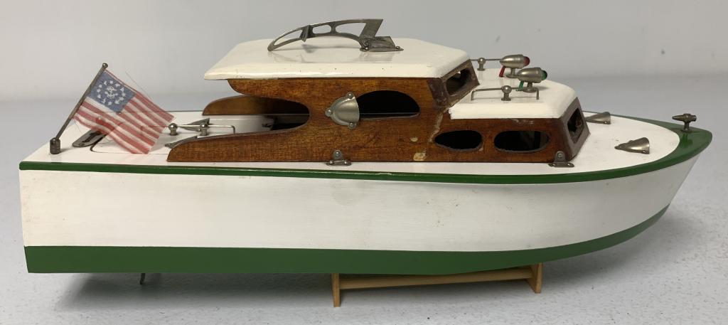 Rico Battery Operated Wooden Boat: untested, some light stains along the one side of stained area, stamped Rico Japan on rudder