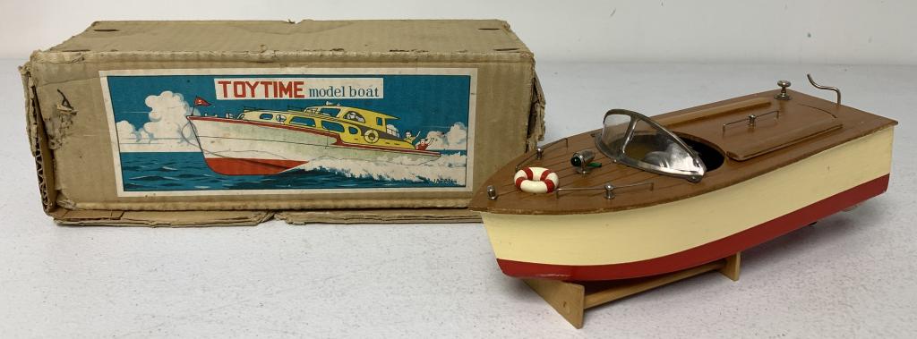 Toytime Battery Operated Wooden Boat/Box: untested, possibly orignal box but the boat on the label does not look exactly like the boat, box has wear and use, white paint has some cracking, rudder is slightly bent and stamped Japan, battery op