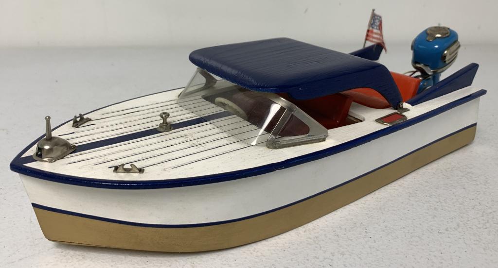 Battery Operated Wooden Boat/Outboard Motor: untested, paint in good shape, stamped Japan inside the boat