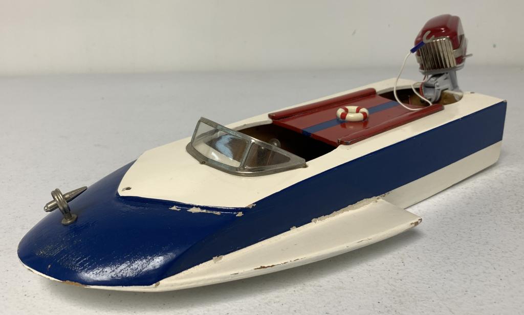 Battery Operated Wooden Boat/Outboard Motor: untested, paint chipped at a number of spots on stern, light paint chips along the edges of the bow, light paint chipped on bottom, no names or markings
