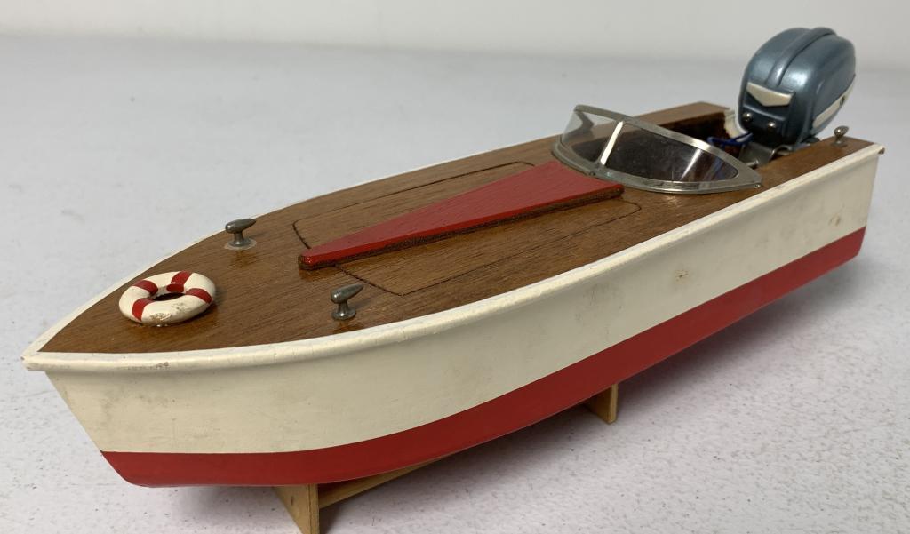 Battery Operated Wooden Boat/Outboard Motor: untested, light paint chip on red paint, no names or markings