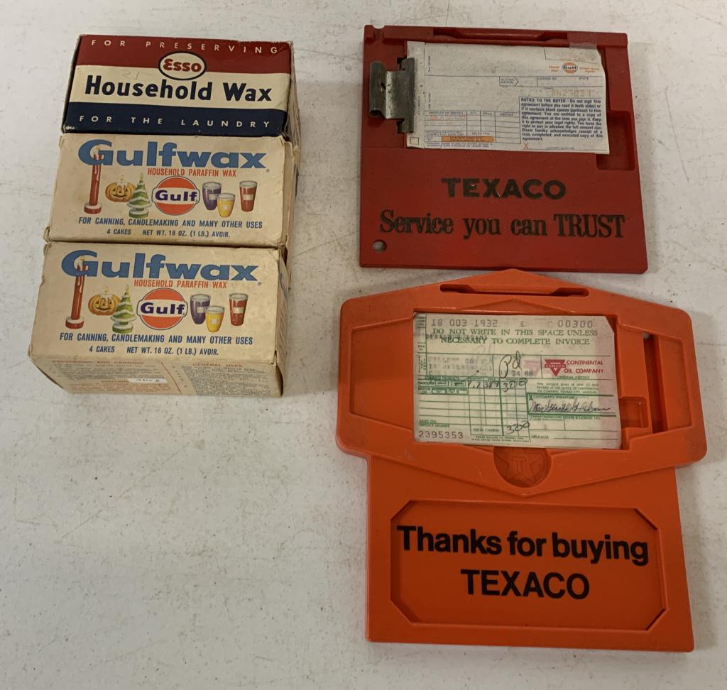 (5)Texaco Credit Card Trays, Gulf & Esso Wax: Gulfwax & esso wax is new old stock, boxes have some age and wear, credit card trays contain some used and unused credit receipts