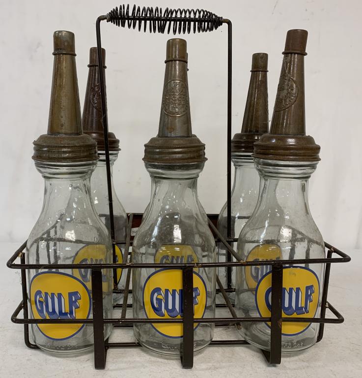 (6)Gulf Oil Bottles & Bottle Carrier, Spouts, Caps (1 of 3)