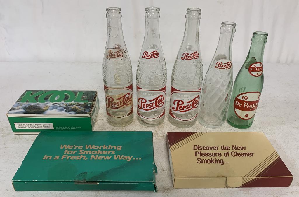 (8)Pepsi, Dr. Pepper Bottles & Kool Matches: Kool Matchbox contains a full box of Kool Match Packs, Premiere box contains a lighter only, Salem box is empty, Pepsi bottles are, 8, 10, & 12 ounces, Dr. Pepper is 6 and 1/2 ounces