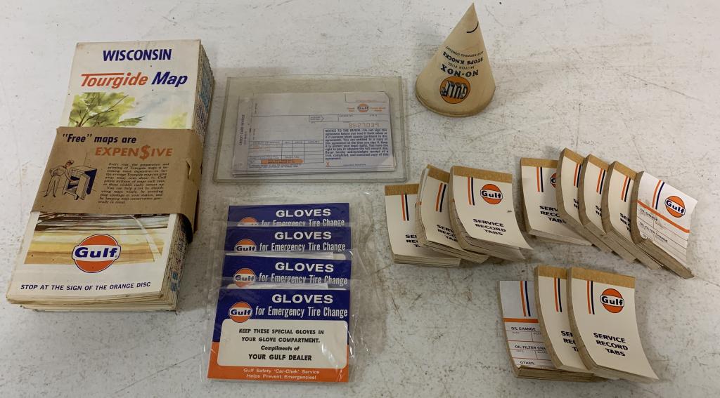 15+Gulf Oil lot-Maps, Paper Cups, Gloves others: new old stock, credit card carbons, all with some age but all unused