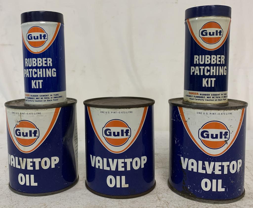 lot of 5 Gulf Tire Patches & Oil Cans: new old stock, ALL HAVE CONTENTS, NO SHIPPING, MUST PICK UP, oil cans are one pint, cans have some scratches and age, one oil can has a dent on the side