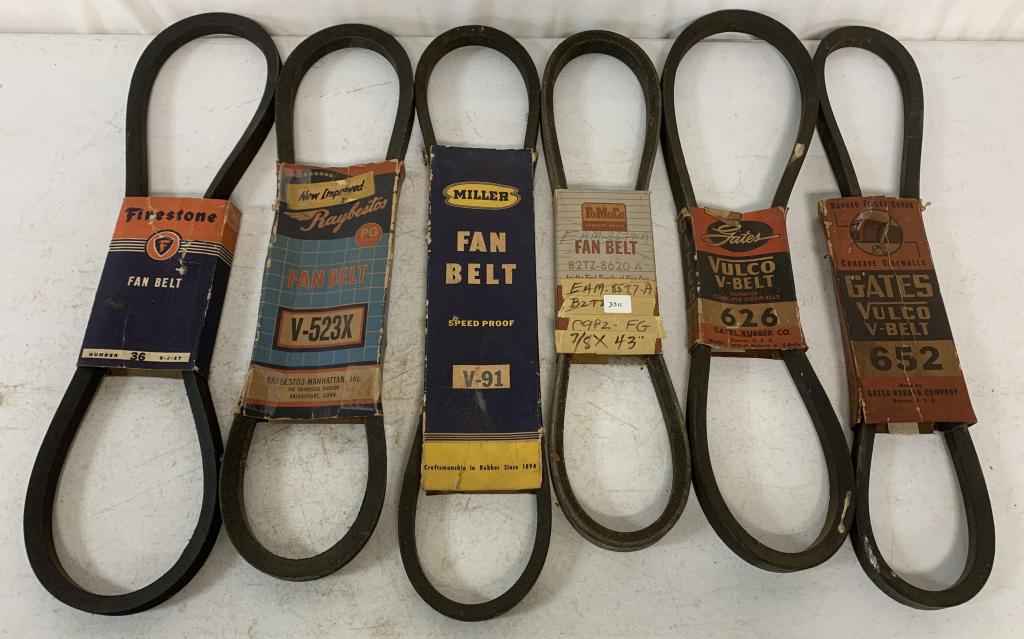 lot of 6 fan Belts Raybestos, Firestone, others: Miller, FoMoCo, Gates, all new old stock, all cardboard sleeves have age and wear, some torn at spots