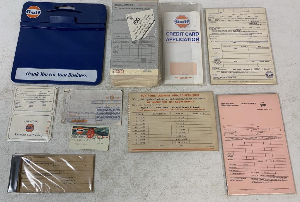 10 Gulf Order Forms, Invoices, others: all new old stock, credit card receipts, applications, credit card, credit card caddy, passenger tire warranty