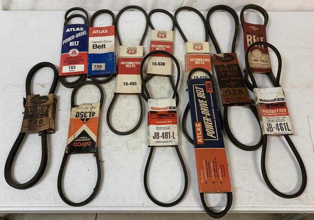 12 Western Auto, Atlas, Gates Fan Belts, others: new old stock, Motorcraft, Phillips 66, Dayco, some of the cardboard sleeves have wear and damage