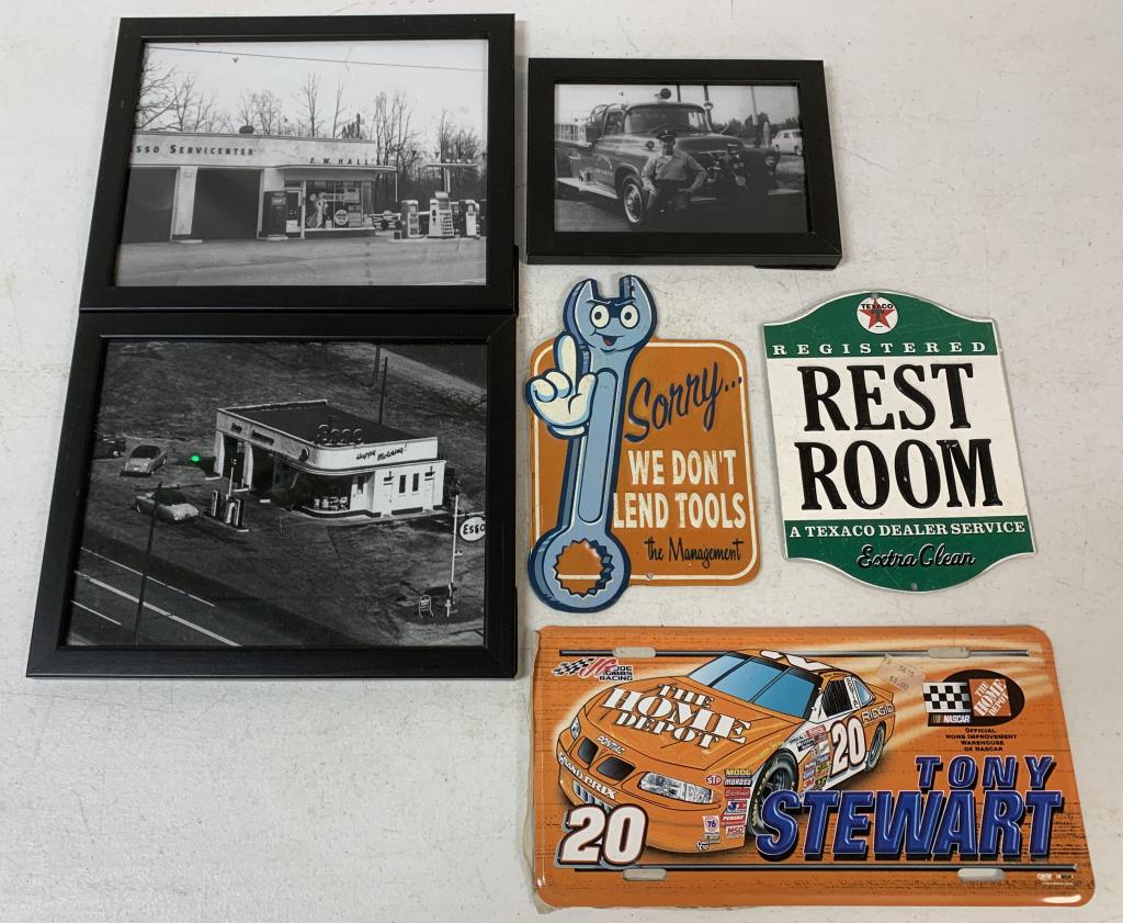 (6)Esso Photos, Texaco & Tool Signs, Nascar: framed old Esso & fire truck photos, signs and Tony Stewart licens plate are contemporary na daluminum