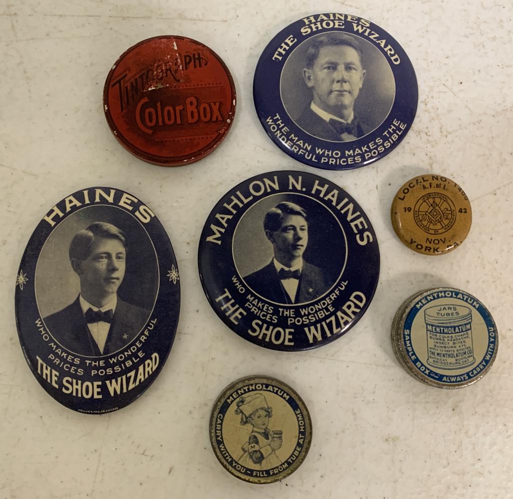 (7)Haines Shoe Wizard, Mentholatum, others: Haines are mirrors one of which is cracked and the others have brown colring on parts of the mirrors, Mentholatum tins have some wear and discoloring on edges, Tintograph Color Box has wear on top of 