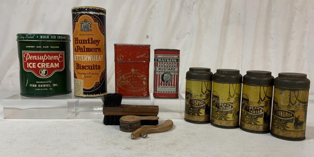 (8)Spice tins, Pensupreme Ice Cream, others: Huntley & Palmers Biscuits can has paper label with wear, C. Brintzinghoffer's Portble Shoe Brush w/ contents, can has large amounts of chipped red paint, Watkins Mustard tin has a small dent on one s