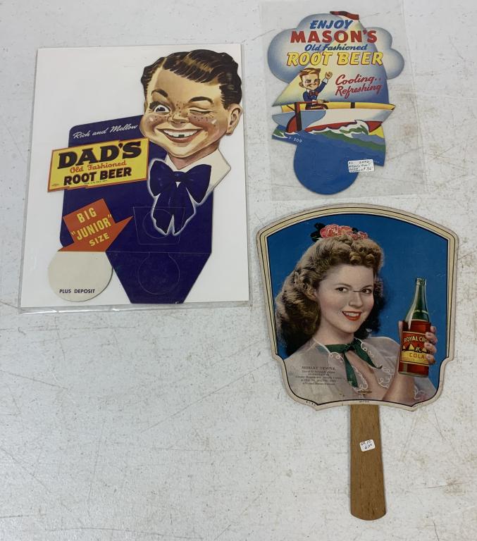 (3)Royal Crown Fan, Mason's Dad's Root Beer: Royal Crown has a picture of Shirley Temple, it has some stains on the back, root beer signs in good shape just some discolring due to age