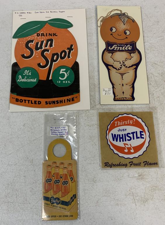 (4) Sun Spot, Bireley's, Smile, Whistle Ads: fan pulls, bottle toppers, decal, Bireleys contains straight pins