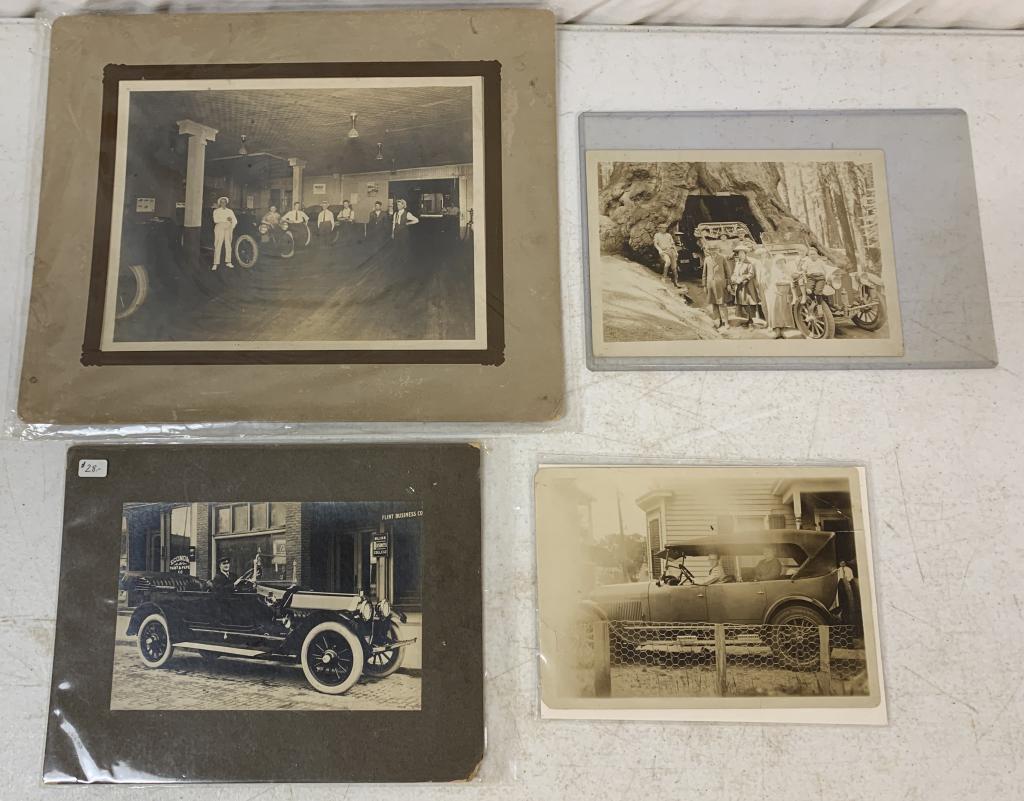 (4) Very Old Photographs: Flint business, car dealership, cars, people. All have age and yellowing due to age